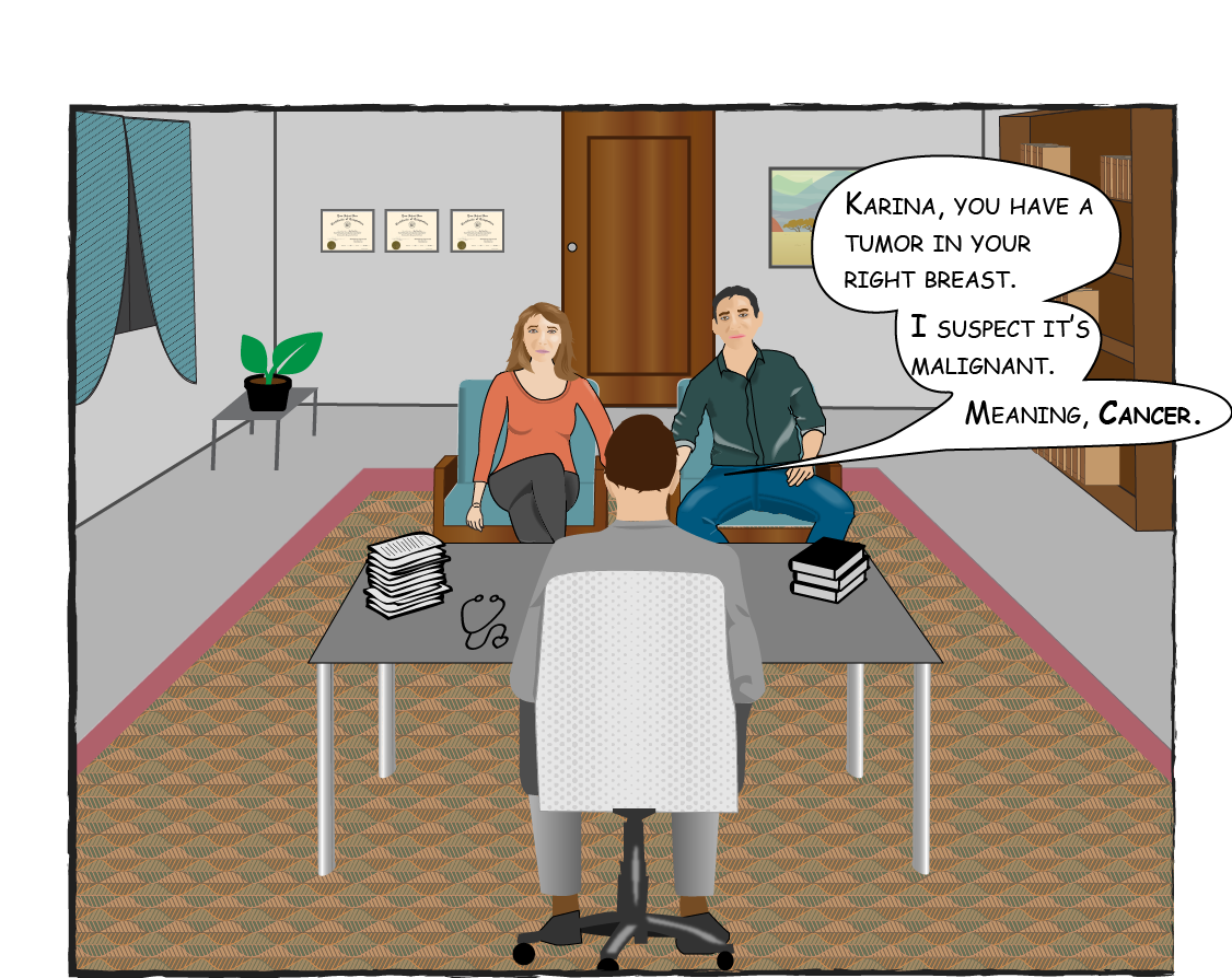 Karina and Tom meeting with her doctor. He tells them he has found Cancer in her breast