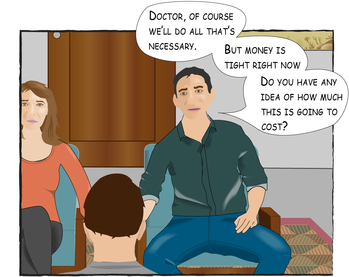 Tom says: Doctor, of course we'll do all that's necessary but money is tight right now. Do you have any idea how much this si going to cost?