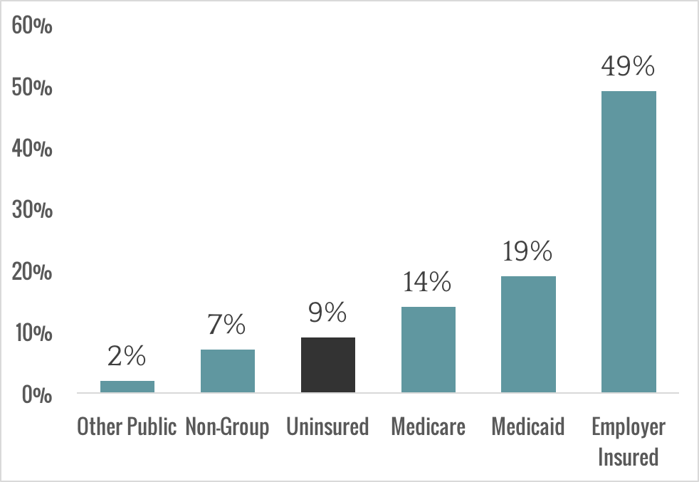 Chart of American rates of insurance by type. 49% are Employer Insured